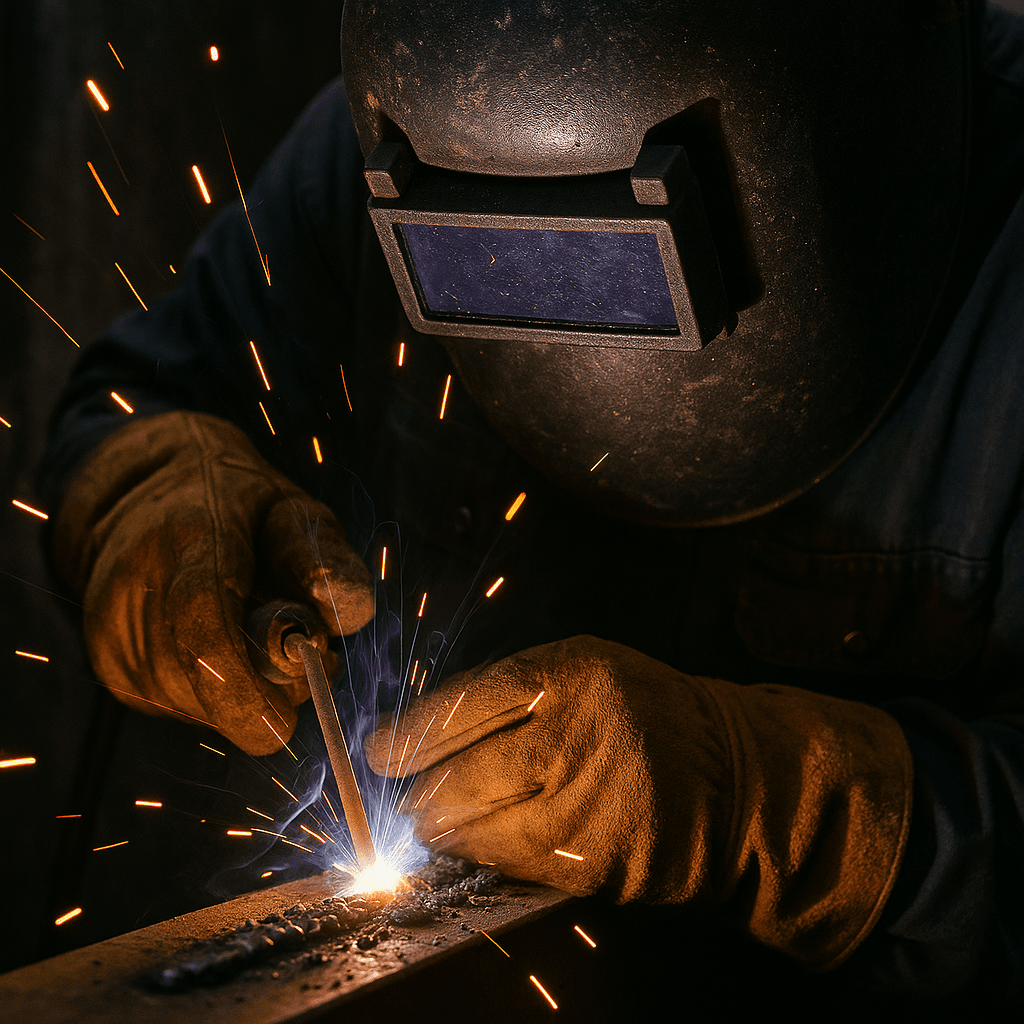 Close-up of stick welding process showing electrode and arc