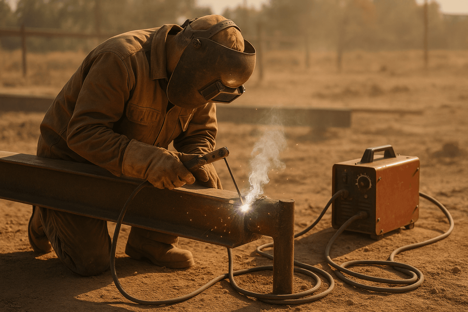 Outdoor stick welding showing a welder working in the field